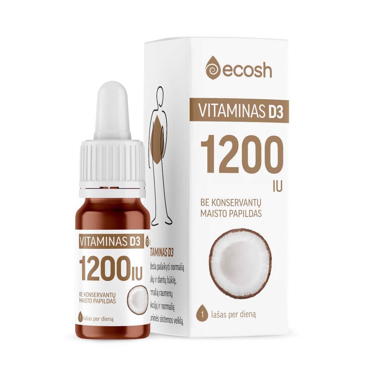 ECOSH vitaminas D3 su kokosų aliejumi 1200 TV, 10 ml