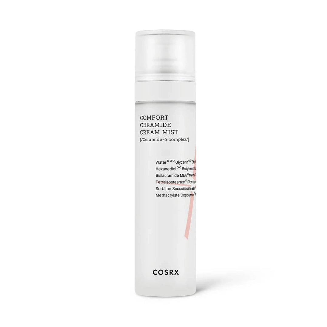 COSRX Balancium Comfort Ceramide Cream Mist in clear bottle with white pump and pink label stripe