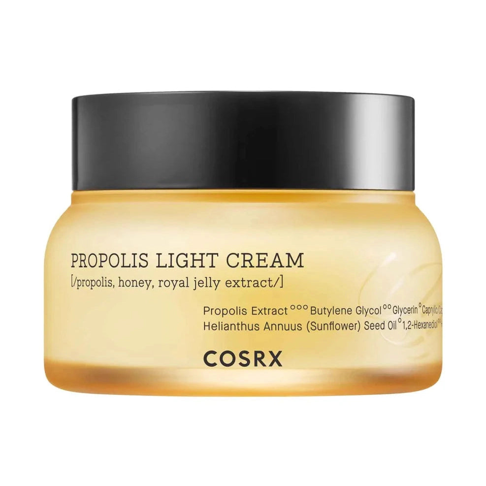 COSRX Full Fit Propolis Light Cream in translucent amber jar with black lid showing light-yellow formula