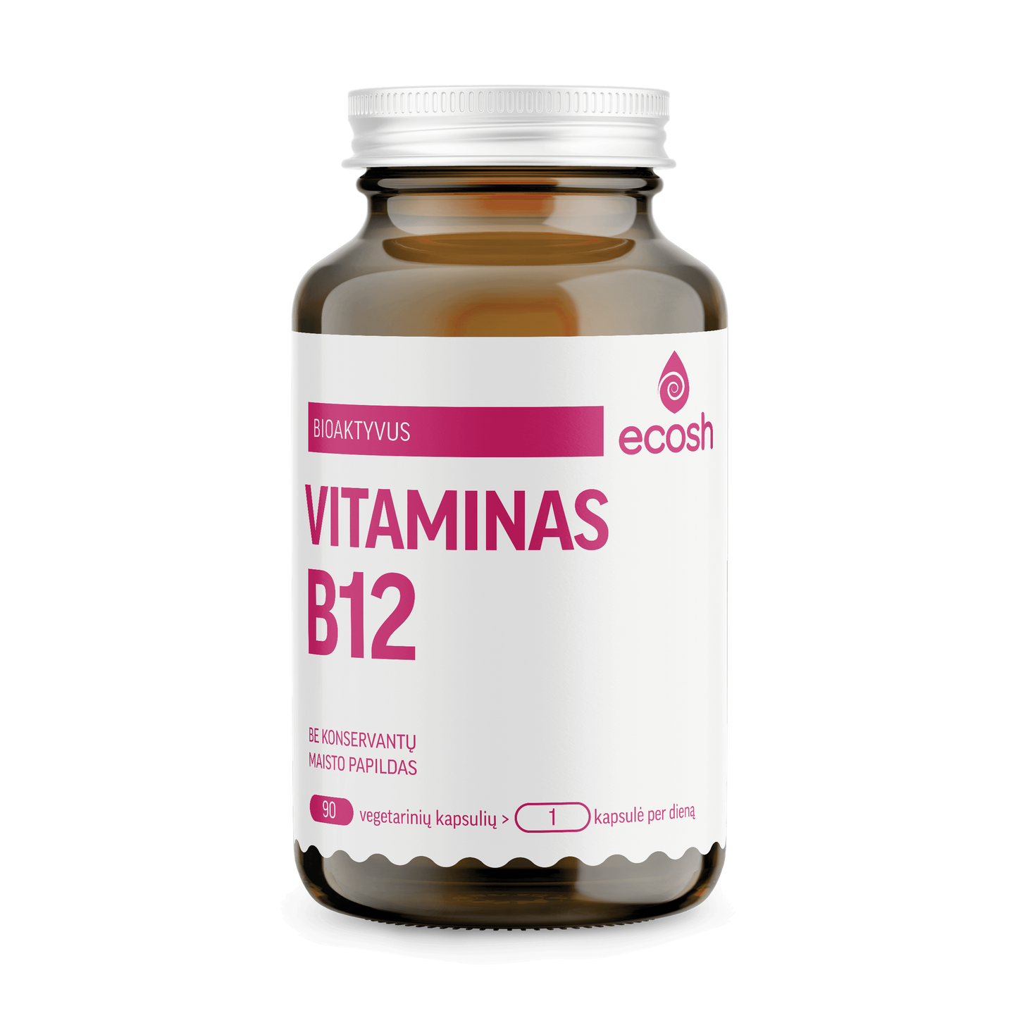 ECOSH Vitamin B12 brown bottle with white cap, 90 vegetarian capsules for energy and nervous system support