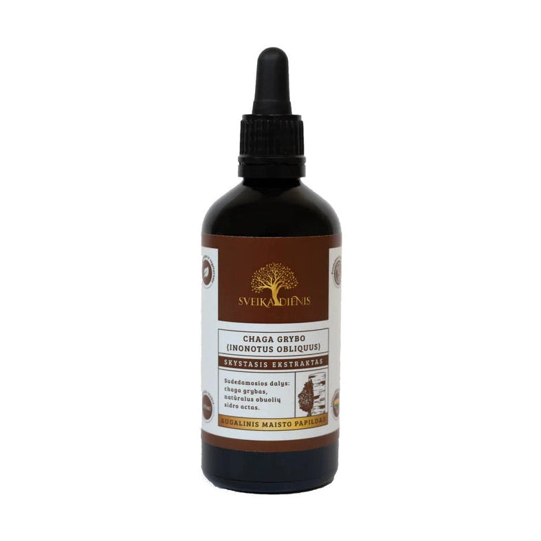 Sveikadienis alcohol-free liquid chaga mushroom extract in dark amber glass bottle with dropper