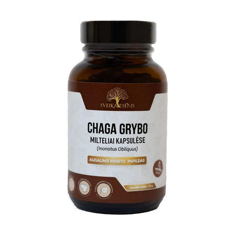 Chaga mushroom powder vegan capsules in amber bottle with gold tree logo
