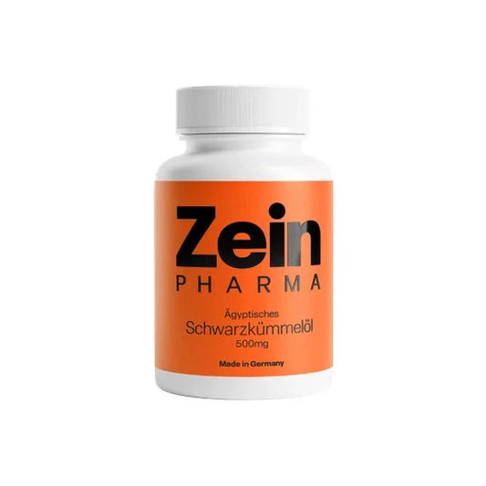 Zein Pharma black seed oil 500mg white bottle with orange label