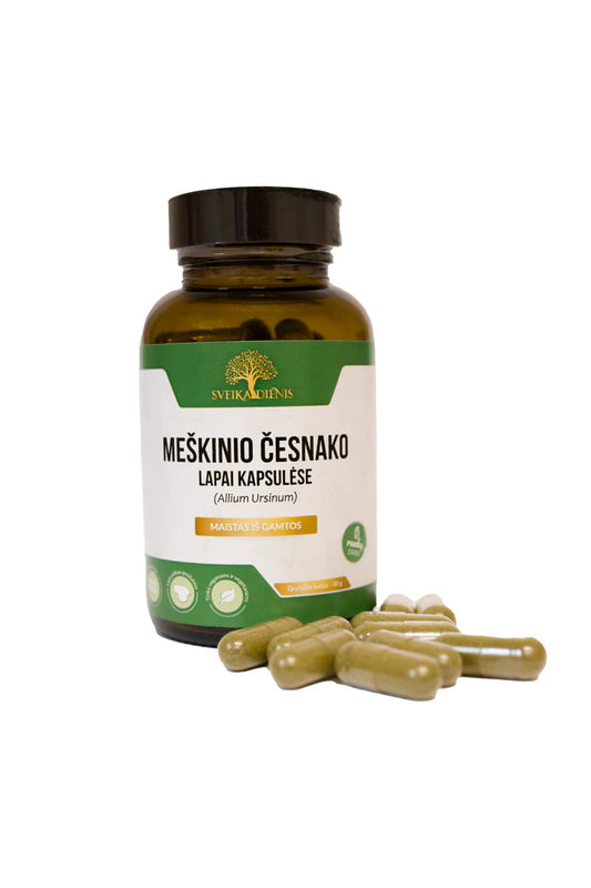 Meškinio česnako lapų milteliai veganiškose kapsulėse