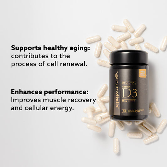 Purovitalis Liposomal Vitamin D3 black bottle with gold text surrounded by off-white capsules