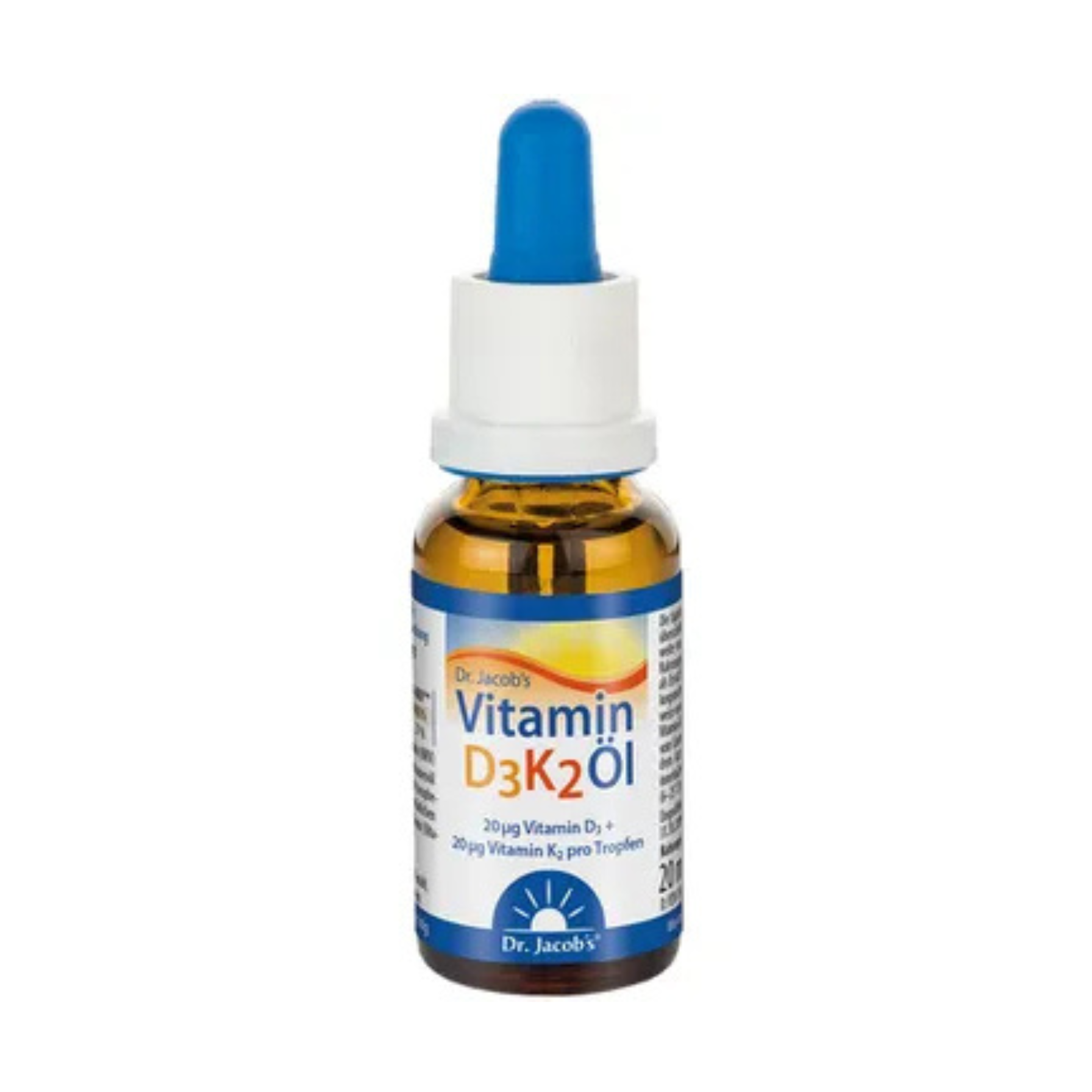 Dr. Jacob's Vitamin D3 and K2 oil supplement in amber glass bottle with dropper for bones, heart, and immunity support
