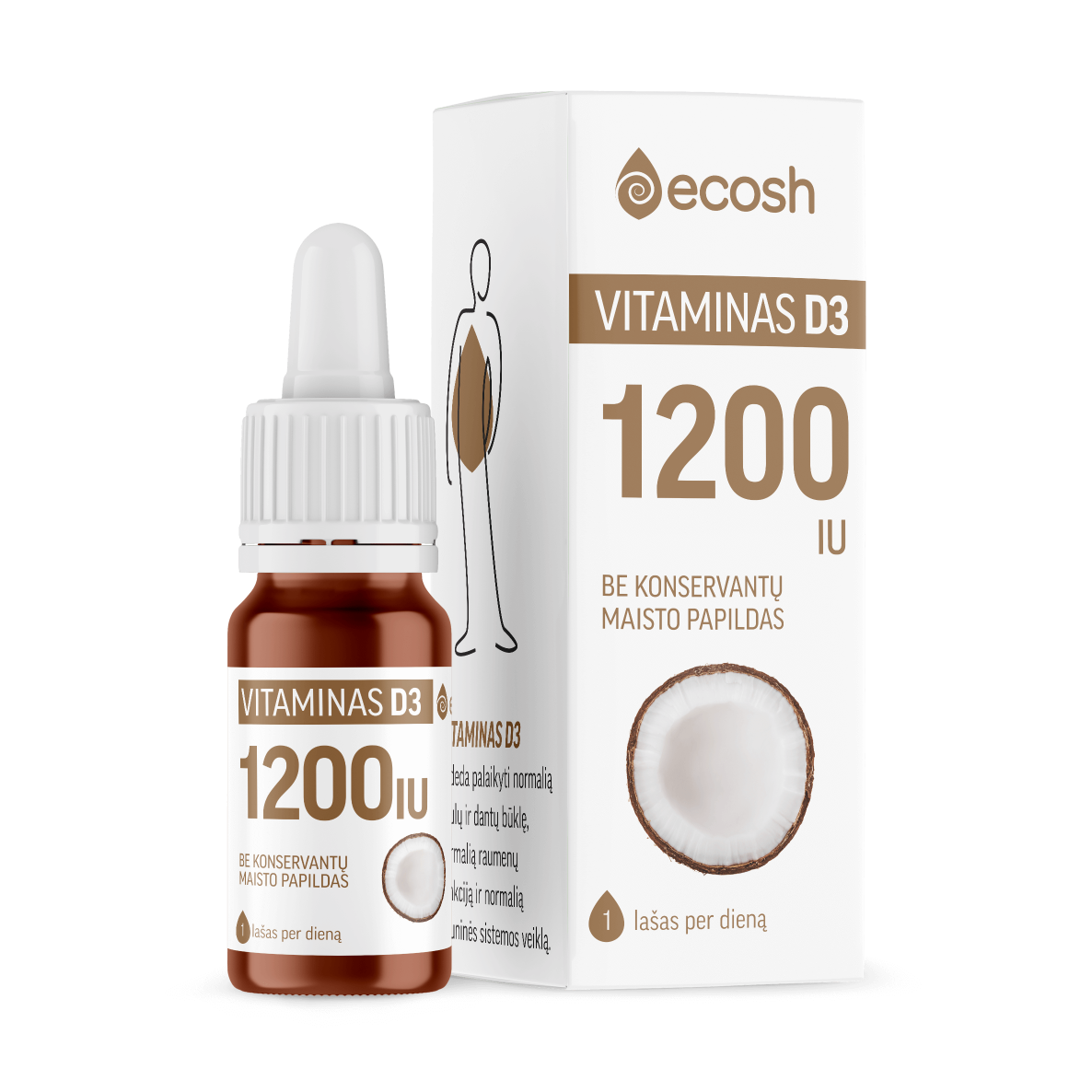 ECOSH vitaminas D3 su kokosų aliejumi 1200 TV, 10 ml