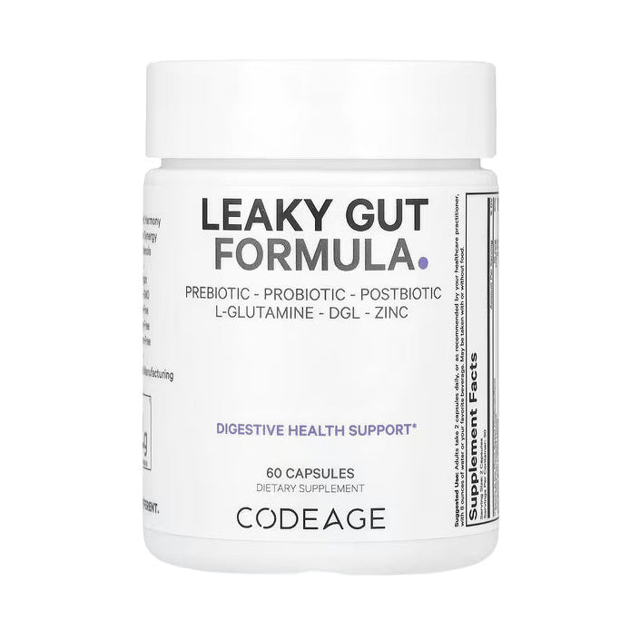 CODEAGE Leaky Gut Formula supplement bottle with prebiotic probiotic postbiotic blend for digestive health support