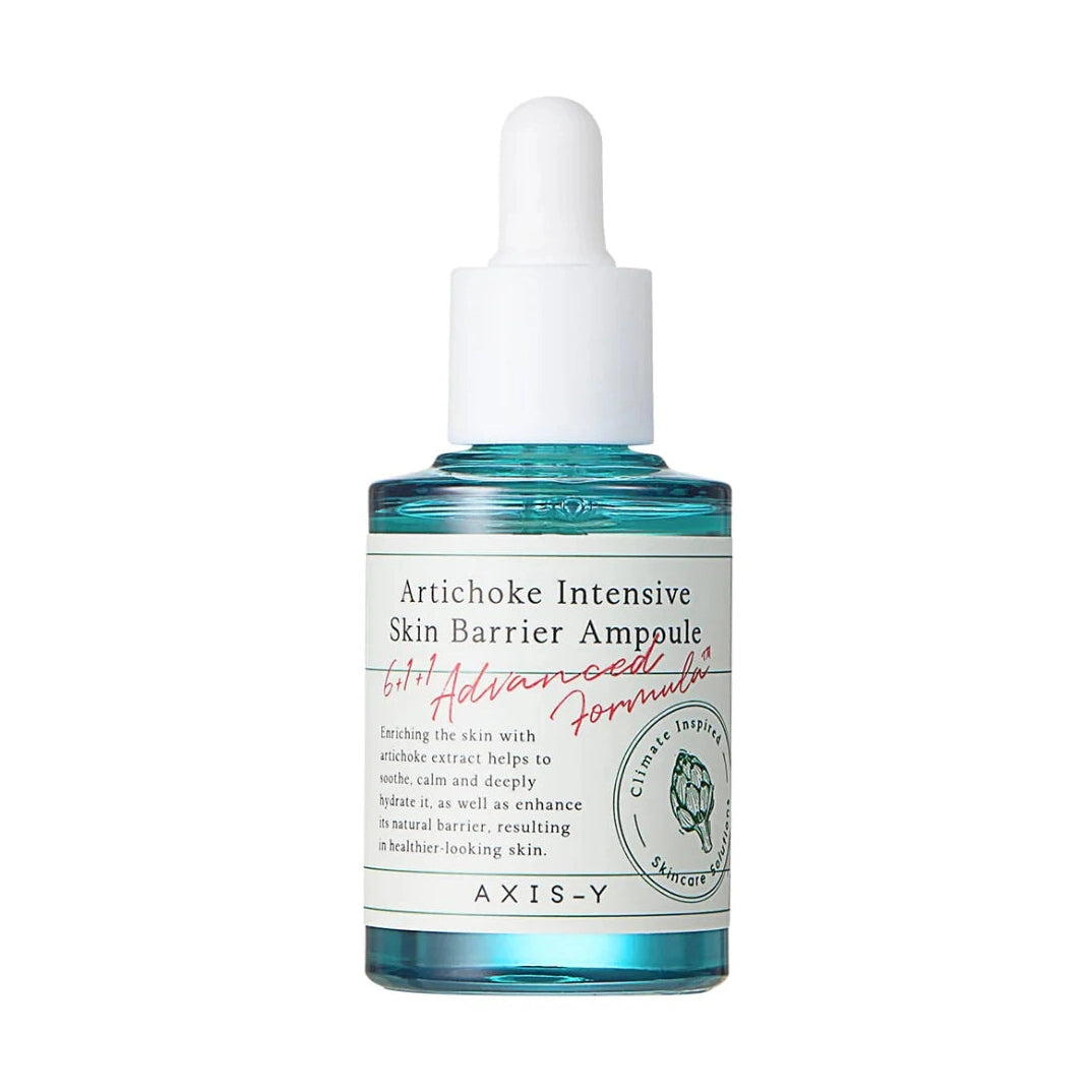 AXIS-Y Artichoke Intensive Skin Barrier Ampoule in clear glass dropper bottle with blue liquid