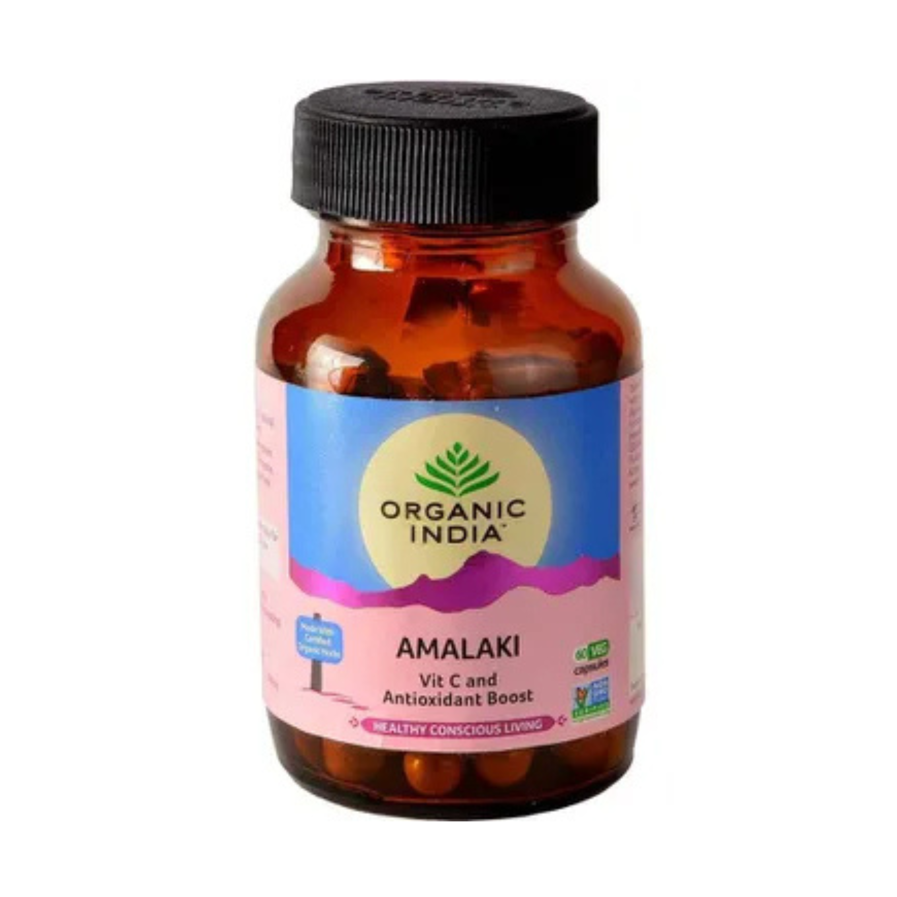 Organic India Amalaki Amla capsules in amber bottle with USDA Organic and Non-GMO seals for immunity and antioxidant support
