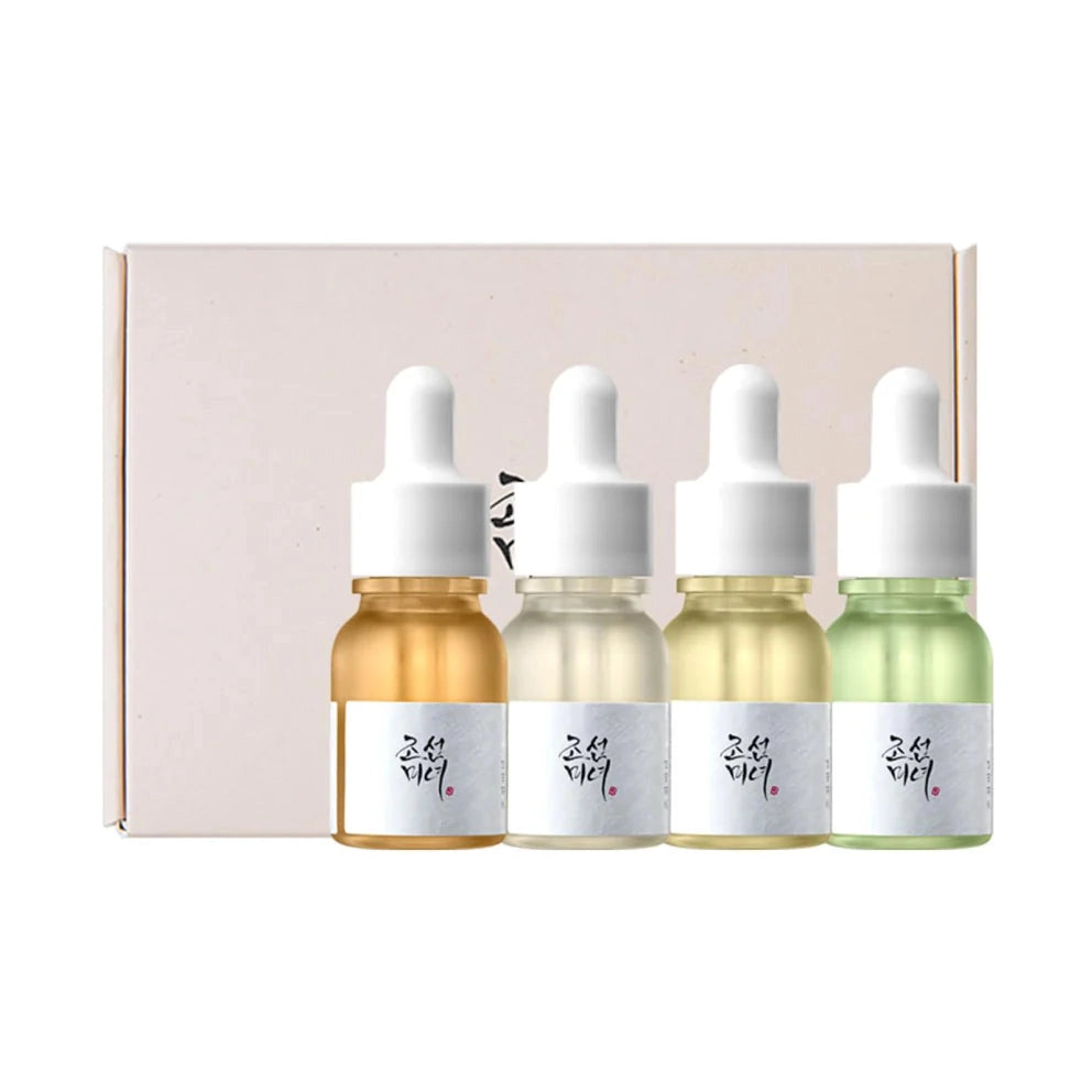 Beauty of Joseon Hanbang Serum Discovery Kit with 4 small glass dropper bottles in amber, clear, yellow, and green