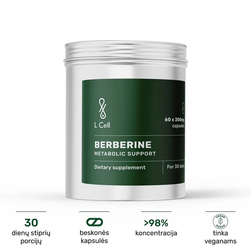 L Cell Berberine Metabolic Support dietary supplement bottle with vegan capsules