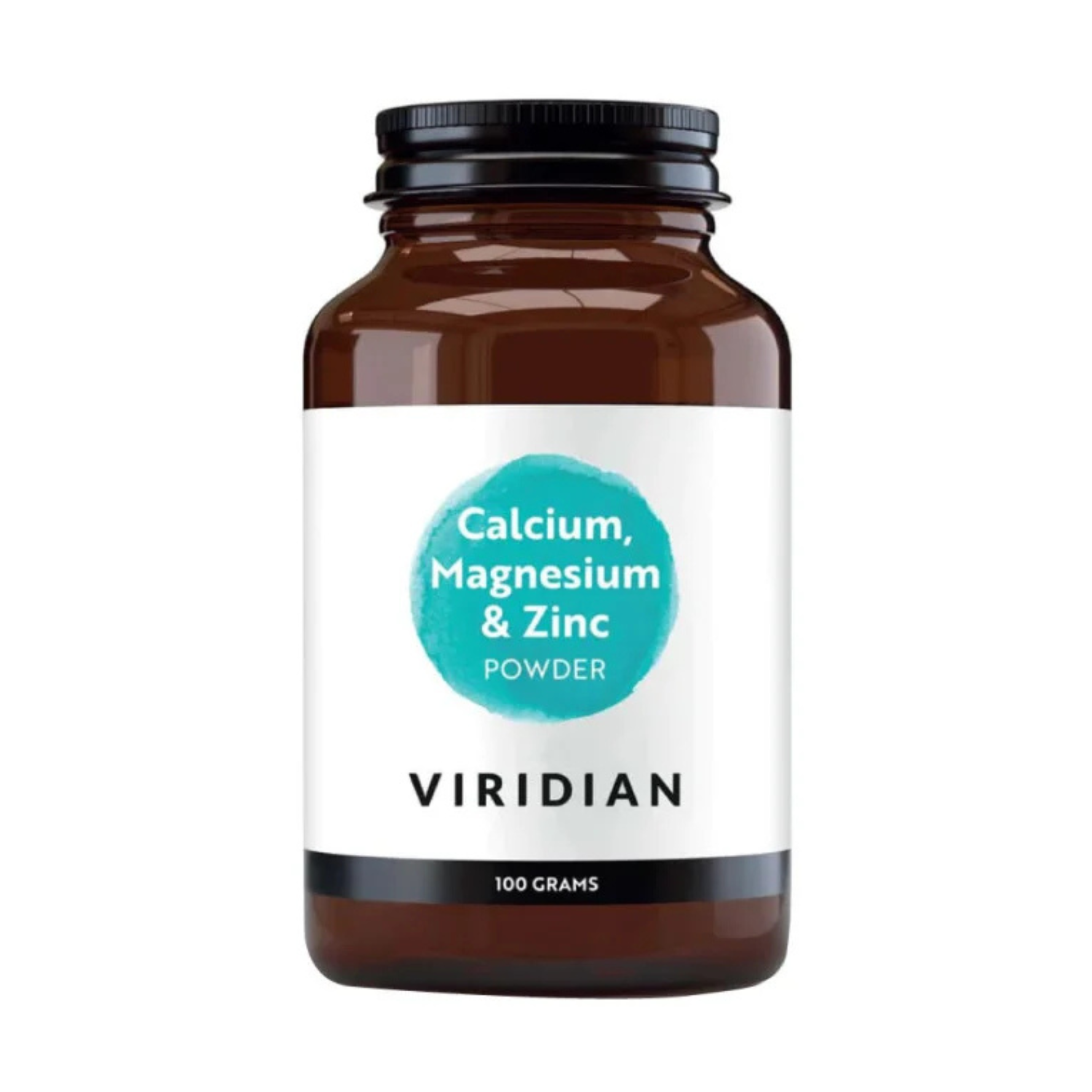 Viridian Calcium Magnesium & Zinc powder in brown amber glass jar with white label