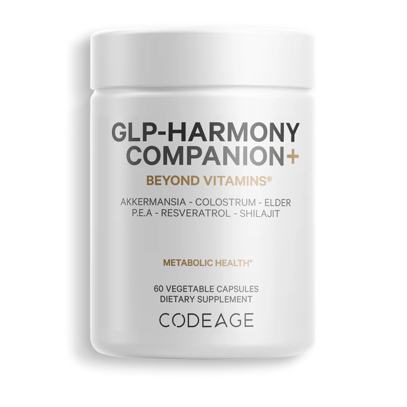 GLP Harmony+ dietary supplement bottle with Lion's Mane and Resveratrol for GLP-1 users