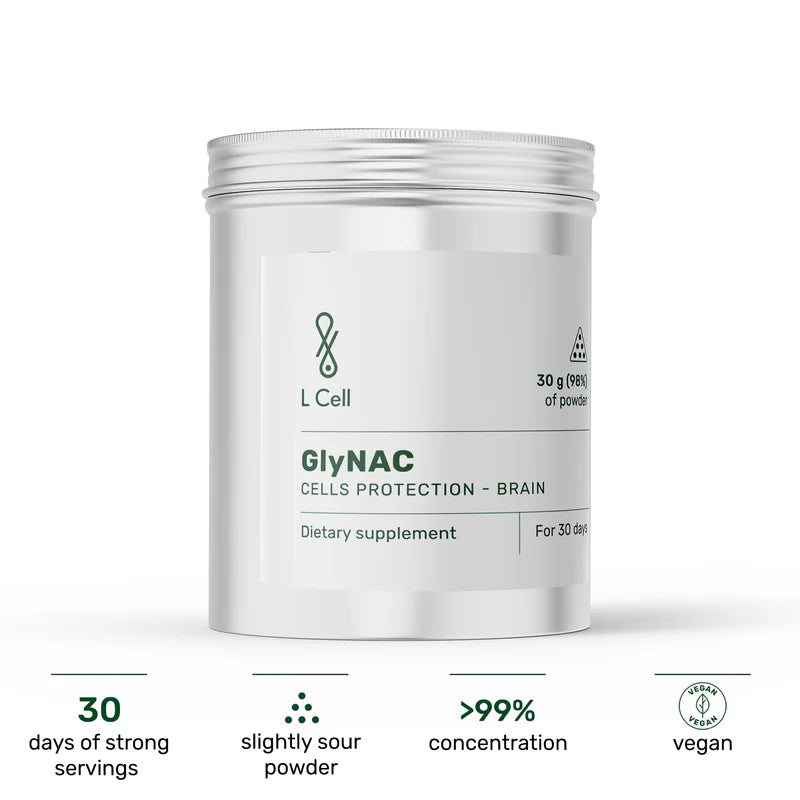 L Cell GlyNAC dietary supplement container with vegan label and 30-day servings