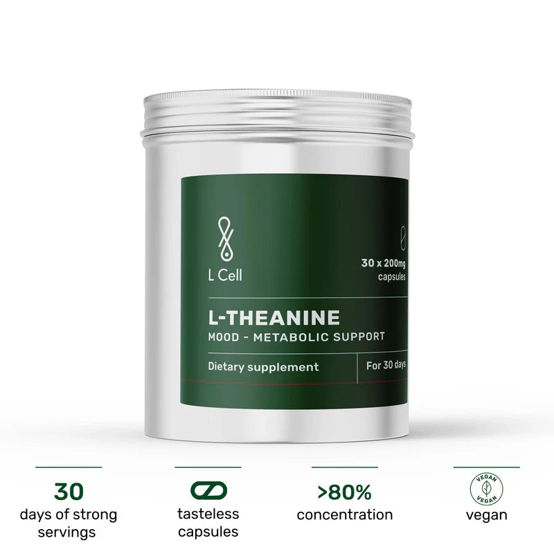 L Cell L-Theanine 200mg vegan capsules for mood and metabolic support in silver container