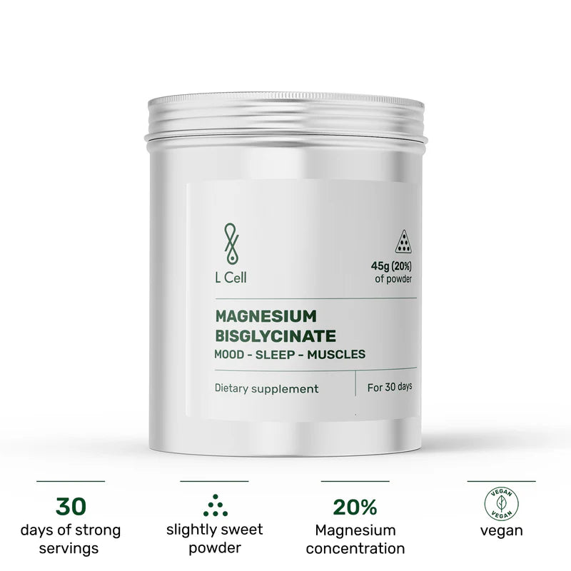 L Cell Magnesium Bisglycinate powder in silver container for sleep and muscle support