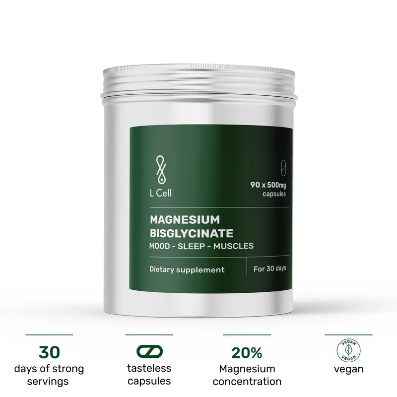 L Cell Magnesium Bisglycinate capsules for sleep and muscle support in silver container with vegan label