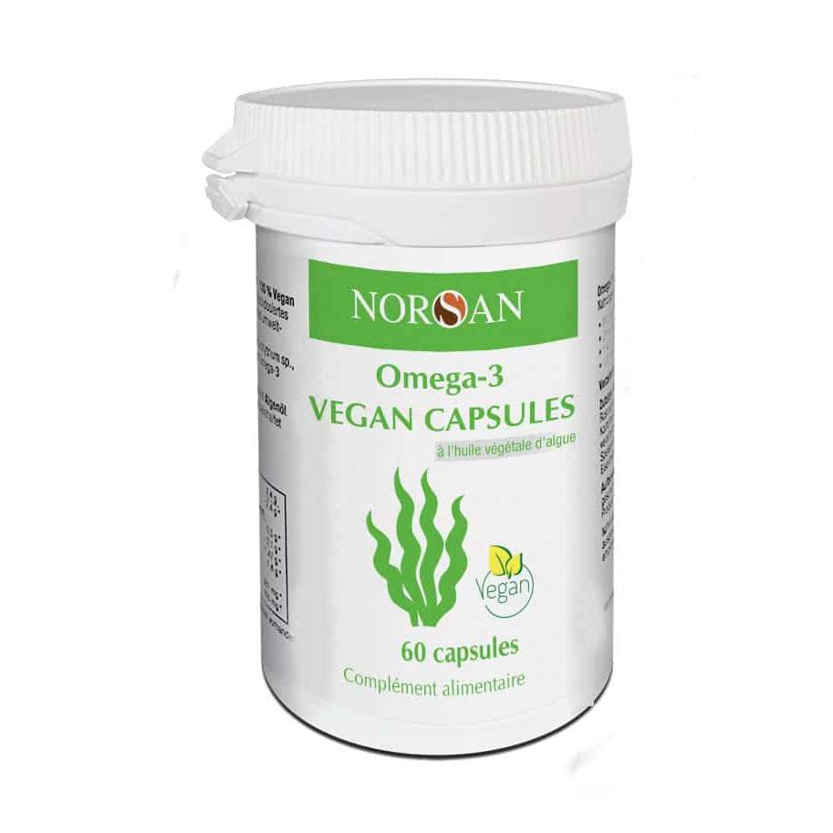 Norsan Omega-3 Vegan capsules in white bottle with green algae label
