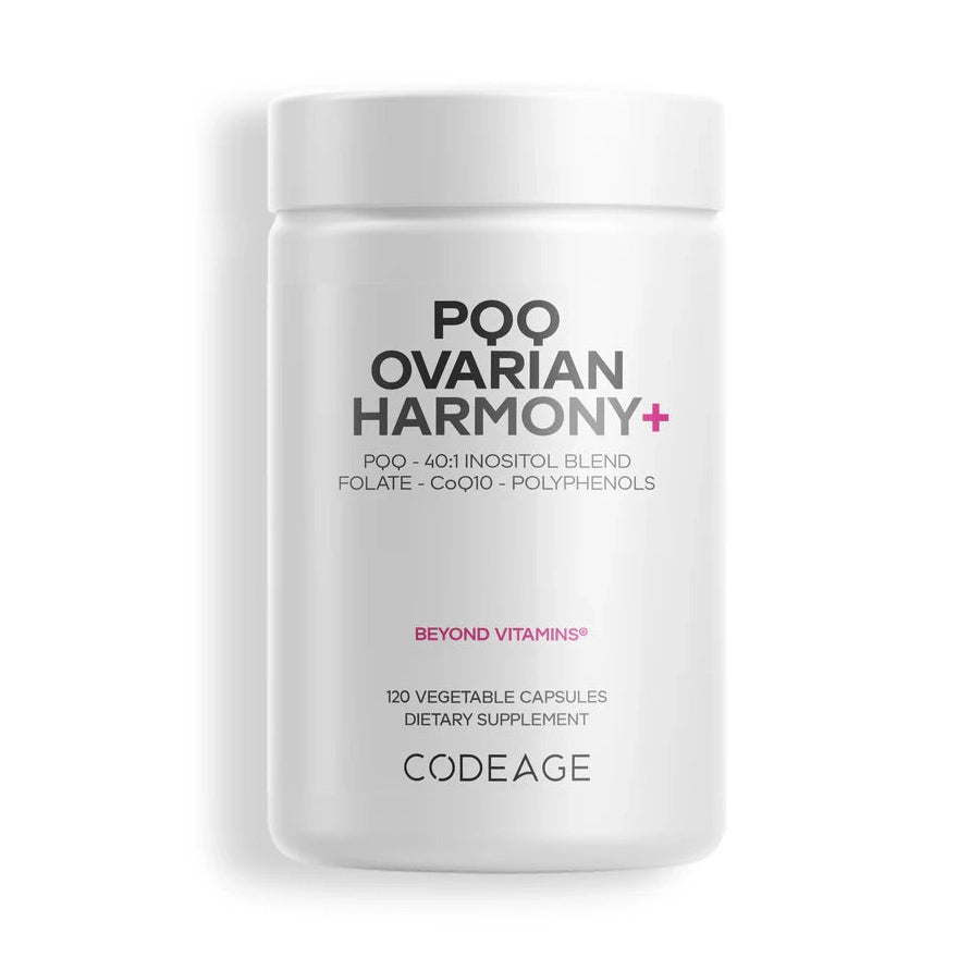 Codeage PQQ Ovarian Harmony+ supplement bottle with pink and black label showing 120 vegetable capsules