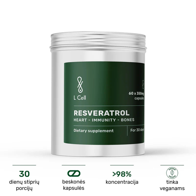 Silver L Cell Trans Resveratrol jar showing heart immunity bones benefits and vegan label
