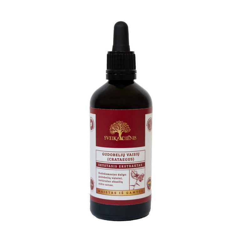 Sveikadienis alcohol-free liquid hawthorn fruit extract in dark amber glass bottle