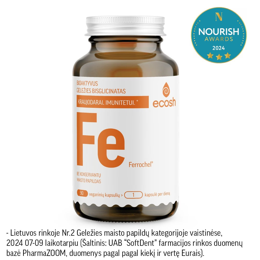 ECOSH bioaktyvus geležis „Ferrochel“, bisglicinatas 27 mg, su vitaminu C, 90 kapsulių