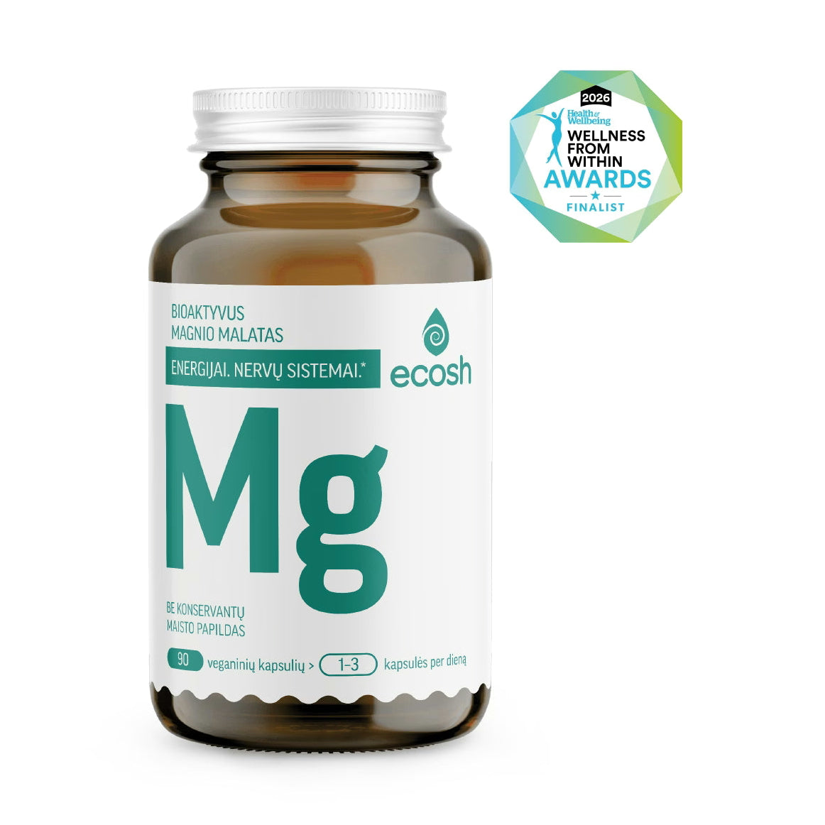 ECOSH Bioactive Magnesium Malate 77mg 90 vegan capsules bottle with teal Mg symbol and wellness award badge