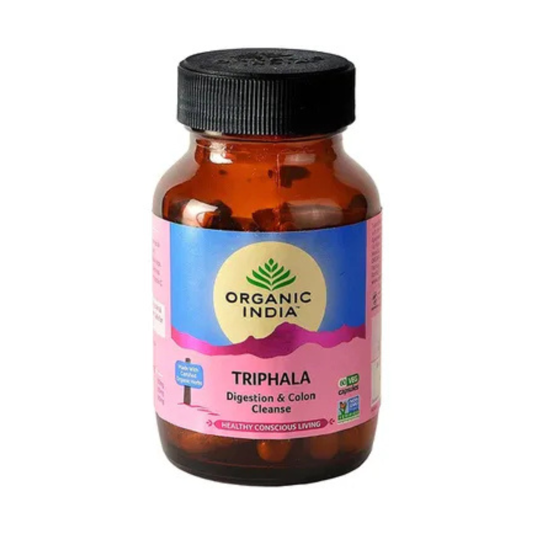 Organic India Triphala dietary supplement in amber glass bottle with 60 vegan capsules for digestion and colon cleanse