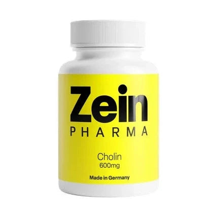 Zein Pharma Choline 600mg vegan supplement bottle with yellow label