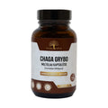 Chaga mushroom powder vegan capsules in amber bottle with gold tree logo