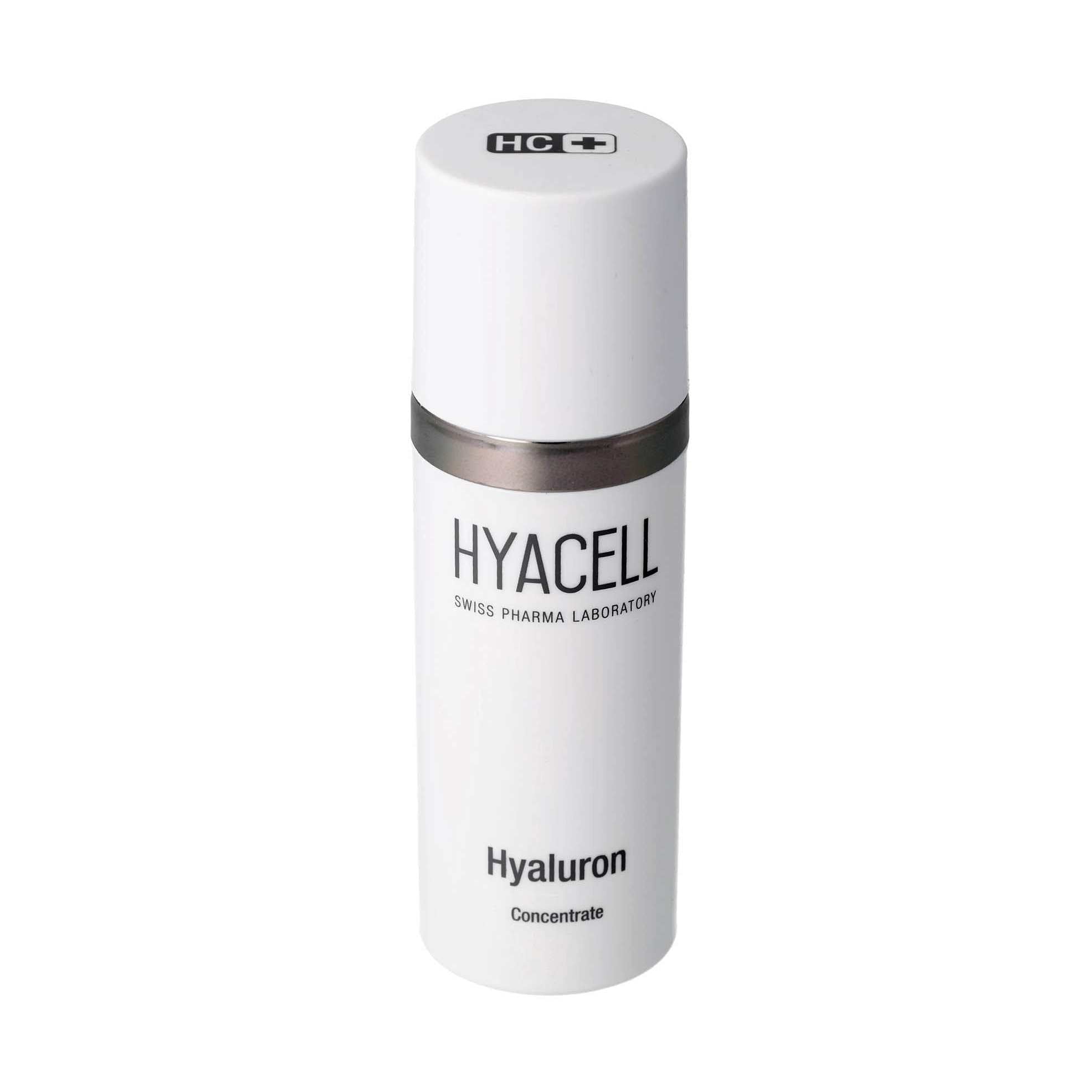HYALURON CONCENTRATE serum bottle with matte white cap and silver band