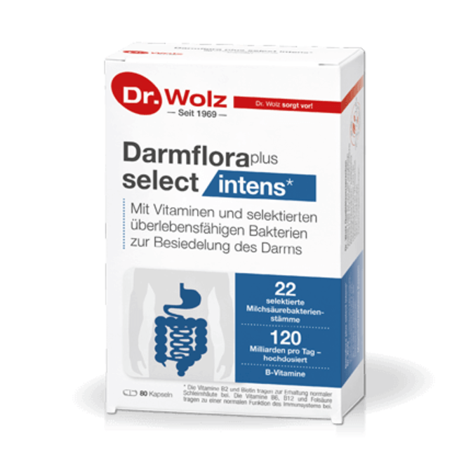 Dr. Wolz Darmflora Plus Select Intens probiotic capsules box with 120 billion bacteria and B vitamins for gut health