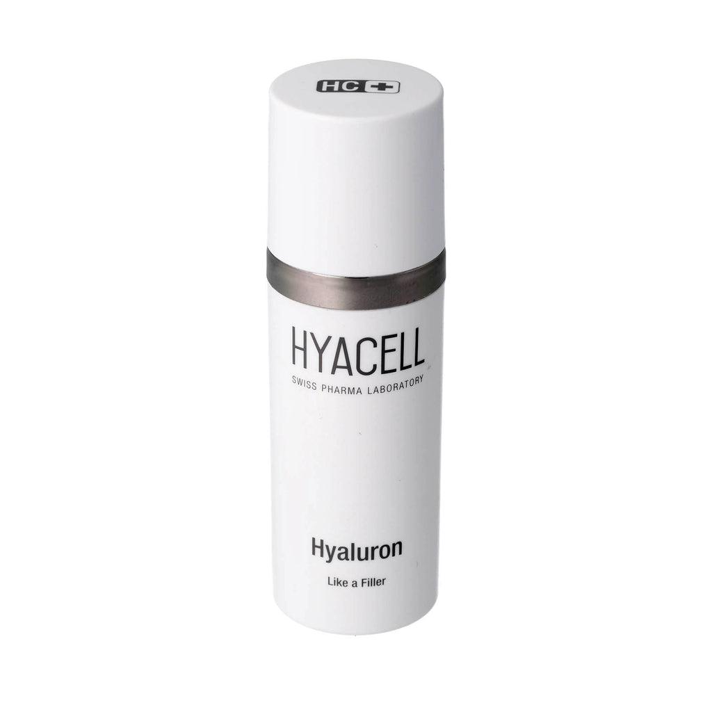 HYACELL Hyaluron serum bottle with silver band and minimalist white design