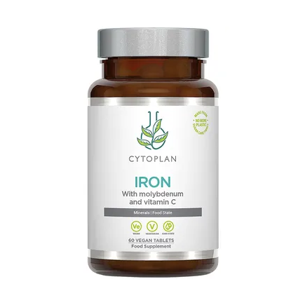 Cytoplan Iron food supplement with vitamin C and molybdenum in brown glass bottle with vegan tablets
