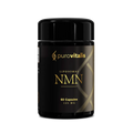Front view of Purovitalis liposomal NMN 60 capsule bottle with gold DNA helix logo on white background