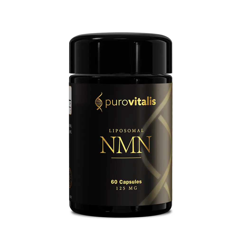 Front view of Purovitalis liposomal NMN 60 capsule bottle with gold DNA helix logo on white background
