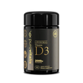 Front view of Purovitalis Liposomal Vitamin D3 black bottle with 60 vegan capsules