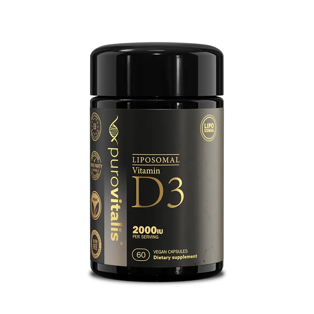 Front view of Purovitalis Liposomal Vitamin D3 black bottle with 60 vegan capsules