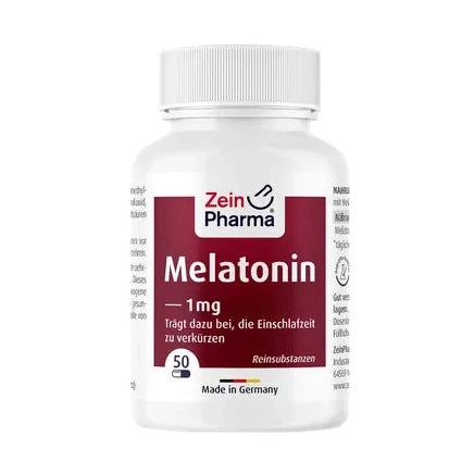 Zein Pharma Melatonin 1mg supplement bottle showing 50 capsules and German flag