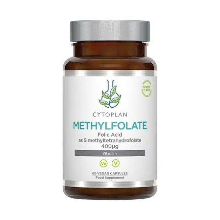 Cytoplan Methylfolate vegan capsules with green leaf logo and silver cap