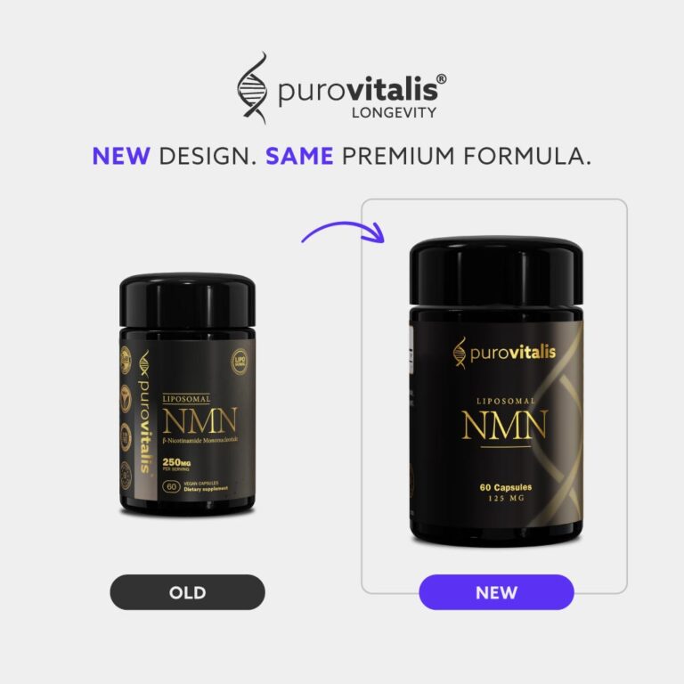 Comparison of old and new Purovitalis liposomal NMN bottle design featuring same premium formula