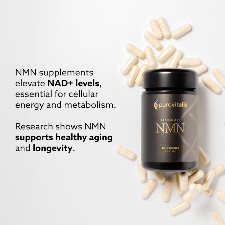 Purovitalis liposomal NMN black bottle with 60 capsules highlighting cellular energy support for healthy aging