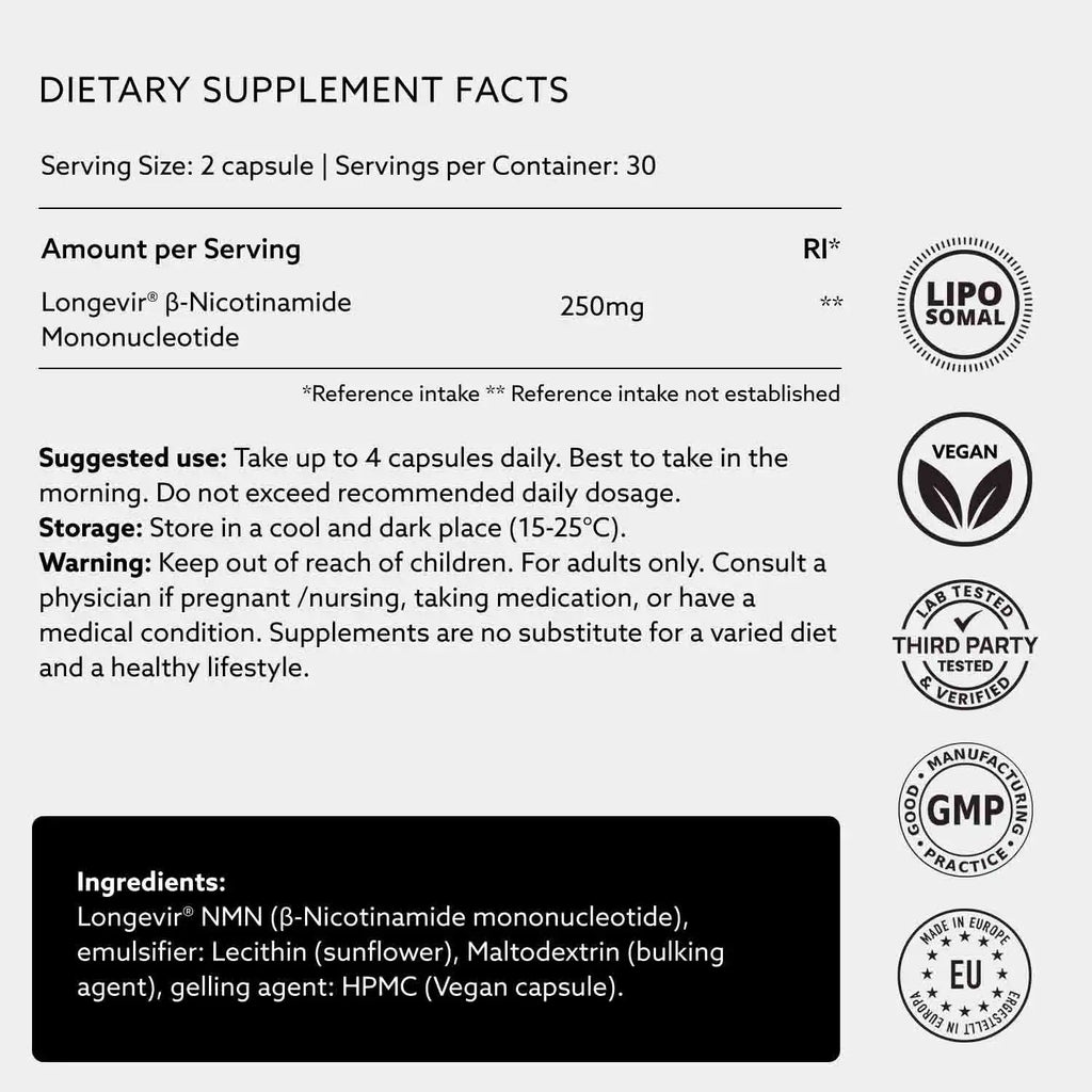 NMN supplement facts label showing 250mg Longevir beta-nicotinamide mononucleotide with vegan and liposomal seals