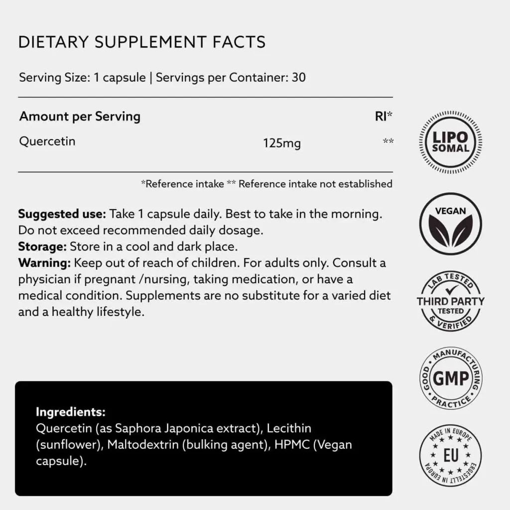 Supplement facts label for vegan liposomal quercetin showing 125mg serving size and ingredients