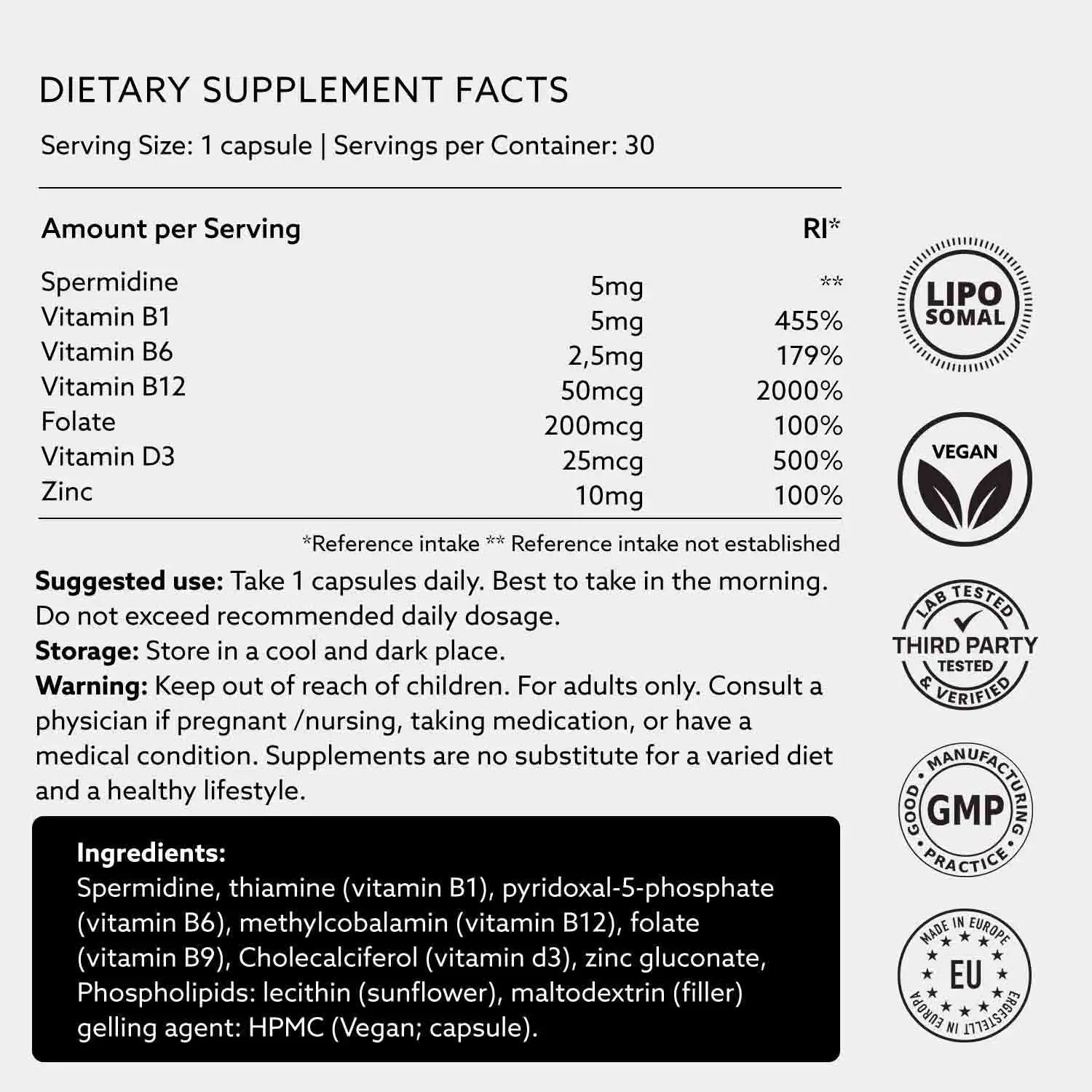 Dietary supplement facts label showing 5mg spermidine, B complex, zinc, and vegan seals