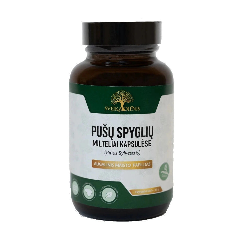 Sveikadienis vegan pine needle powder capsules for respiratory support in brown glass bottle