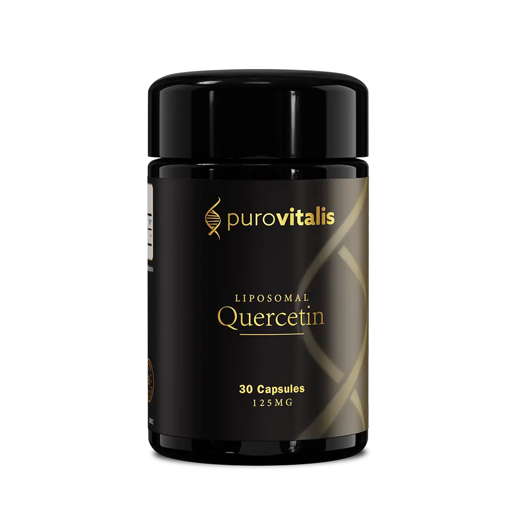Front view of Purovitalis Liposomal Quercetin black bottle with DNA helix logo and gold swirl design