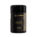 Front view of Purovitalis Liposomal Quercetin black bottle with DNA helix logo and gold swirl design
