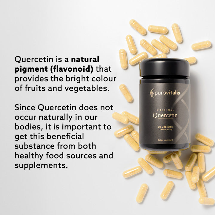 Purovitalis Liposomal Quercetin 125mg black bottle with gold text and pale yellow capsules